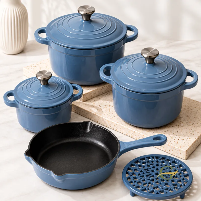Premium Enamalised Cast iron Dutch Oven Set of 4 Sage Blue